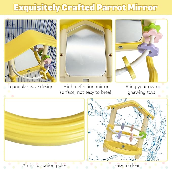 kathson Bird Mirror with Plastic Perch and 5PCS Colorful Rattan Balls Parakeet Hanging Swing with Mirror Interactive Toy Bird Cage Accessories for Cockatiel Parrot Conures Cockatoo Finch(Yellow)