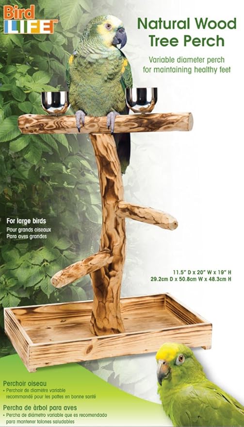 PENN-PLAX Bird-Life Natural Wood Tree Perch for Large Birds and Parrots – Includes Food and Water Bowls and Drop Tray – Large