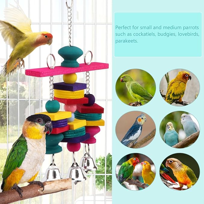 Hypeety Parrot Hanging Swing Bells Chew Toy Colorful Hanging Wood Block Natural Birds Toy for Parrot Macaw African Greys Cockatiels Budgies Conure Cage