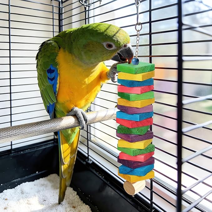 NOLITOY 100Pcs Wooden Parrot Chewing Toy Blocks with Hole Bird Bite Toy for Cockatiels Parakeets Macaws African Grey DIY Wood Chip Design for Pet Entertainment and Skill Development
