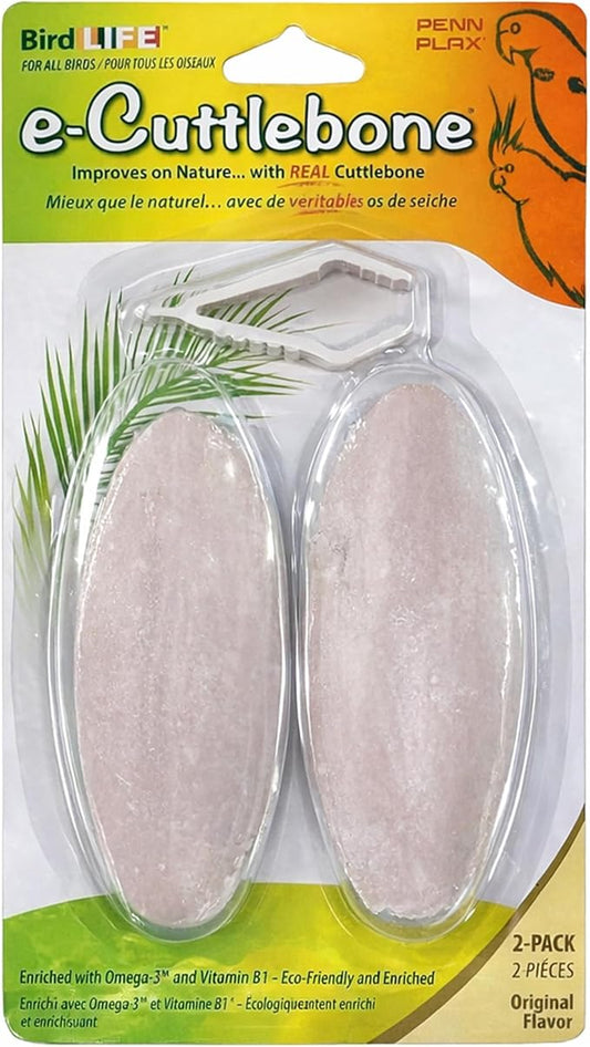 Penn-Plax Bird-Life E-Cuttlebone Original, 1 Pk (2 Counts) - Durable, Less Brittle Cuttlebones Enriched with Omega 3, Honey & Vitamin B1 - Easy Mounting, Cage Clip - Great for All Bird Sizes - White