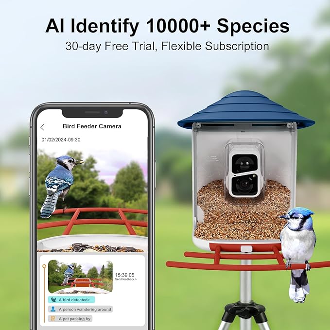 birdsnap® TUC Bird Feeder with Camera 2K HD Live with 32GB Card Auto Detect & Notify AI Identify Camera Birds Feeders Solar Powered Wireless Outdoors Backyard Gift for Mom Dad Birds Lover, 2.4G WiFi