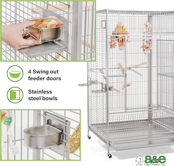A&E Cage Co 8040FL Platinum Double Macaw Cage – 80"x40"x74" Extra Large Parrot Cage with Removable Divider, 4 Swing-Out Feeder Doors, Stainless Steel Bowls & Perches for Macaws, Cockatoos, Amazons