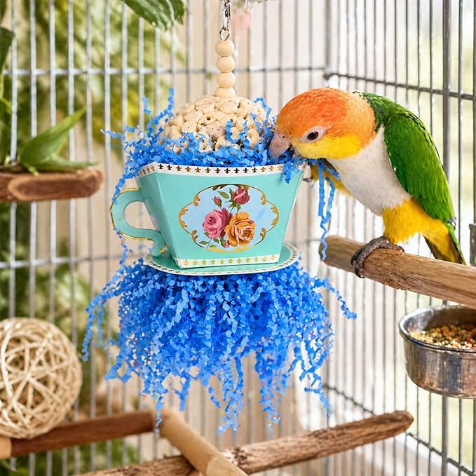 Bonka Bird Toys 2447 Blue Sola Teacup 8" x 4" Natural Sola Ball Cardboard Tea Cup Wood Beads for Caiques Conures Quakers Ringnecks and Similar Bird Chewing Toy