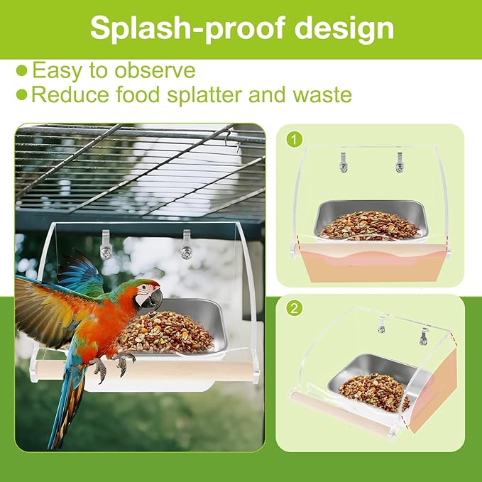 Bird Feeder for Cage,Transparent Parrot Feeder with Nonslip Wood Perch, Stainless Steel Birds Food Bowl Water Bowl, Bird Cage Seed Catcher for Small Medium Parakeet Cockatoos Lovebirds Budgies Conures