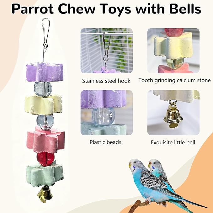 4Pieces Parrot Beak Trimmer Bird Beak Grinding Stone Teeth Lava Block Mineral Calcium Rock Chewing Toys with Bell for Parakeet Conure Budgies Rabbit Chinchilla Hamster