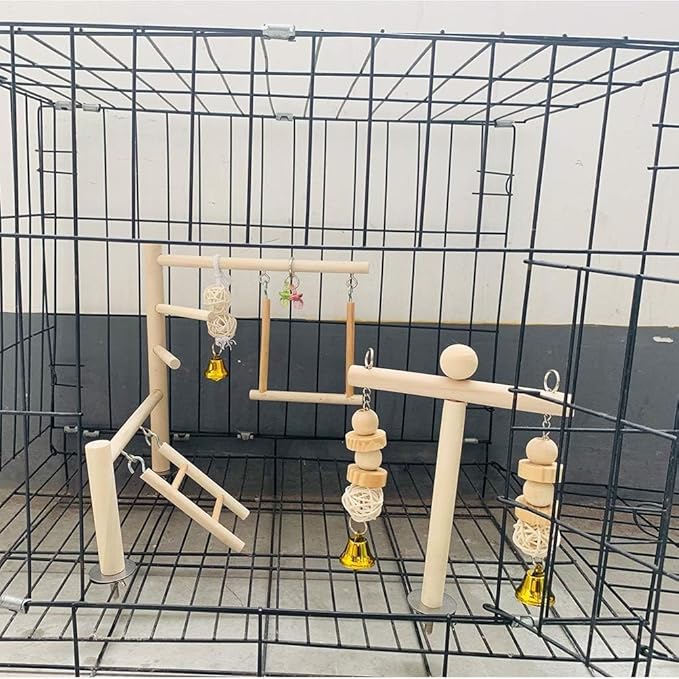 Hamiledyi Natural Wood Bird Play Gym for Small Birds, Parakeet Cockatiel Playstand with Perch, Ladder & Swing Toys for Cage Top(Style B)