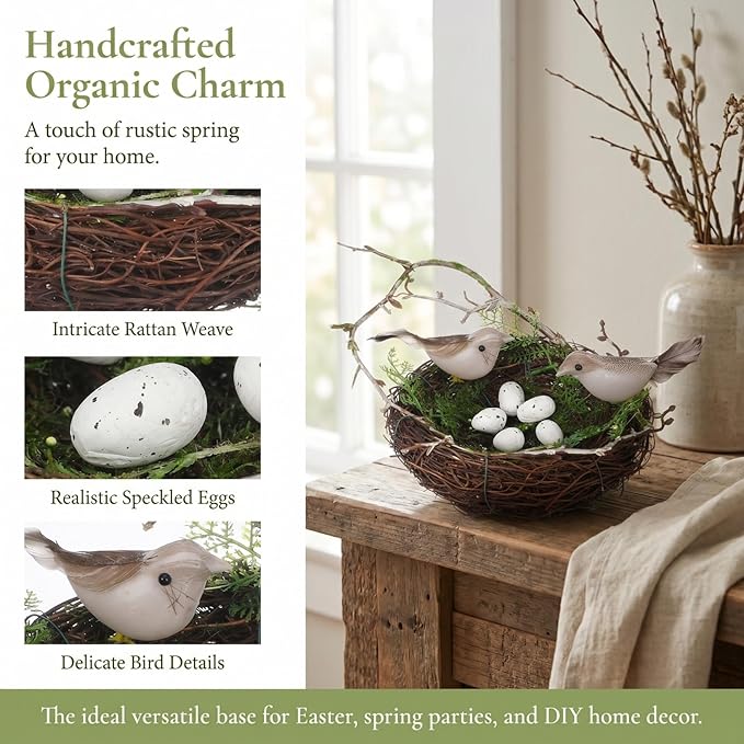 Hemoton 6" Bird's Nest with 5 Artificial Foam Eggs, Natural Swallow Rattan Birds Nests for Crafts, Natural Easter Decorations for Home Garden Party, Nido De Pajaros