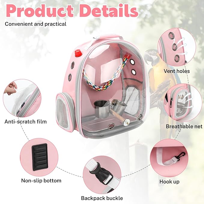 Rypet Bird Carrier Backpack Parrot Portable Breathable Bag Pet Bird Lightweight Travel Cage with Standing Perch and Stainless Steel Tray（Pink）