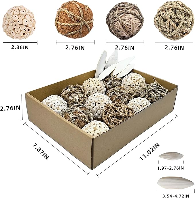 18PCS Bird Toys Sola Balls 2.36IN Parakeet Toys Natural 2.76IN Chew Grass Balls with Cuttlebone for Parrots Conures Rabbits Hamster Guinea Pig Chinchilla(Style 2)