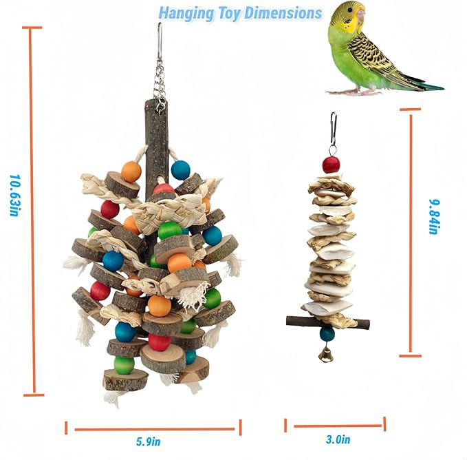 Bird Parrot Toys for Cage, 2 Pack Chew Toys with Apple Wood Slices, Cuttlebone & Colorful Blocks for Parakeets,Cockatoos, Conures, Cockatiels (Apple Wood Chips + Cuttlefish Bone)