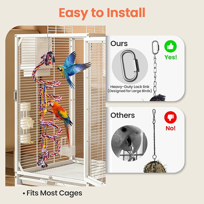 Ultra Long Bird Toys for Large Parrots - 110'' Heavy Duty Cotton Rope Birds Toy Swing, Spiral Hanging Bird Toys with Bell & Acrylic for Macaws, Cockatoos, Greys, Enrichment Parrot Toys