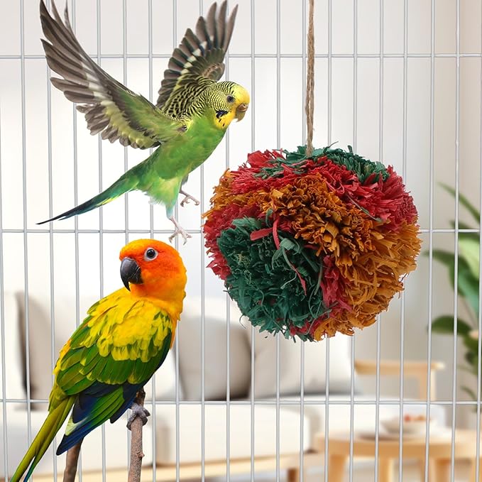 Hypeety 4” Colorful Shredding Ball Bird Toys for Parrots Funny Crinkles Foraging Toys for Birds Easy to Hang Natural Shredder Ball Chew Toys for Cockatiels Conures Parakeets Budgies (1 Pack)