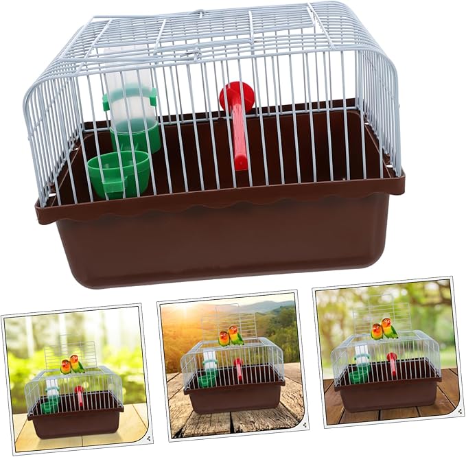 BESPORTBLE Bird Cage with Perch Food Box Portable Small Pet Carrier for Lovebirds Parrots Travel Cage Abs Iron Brown