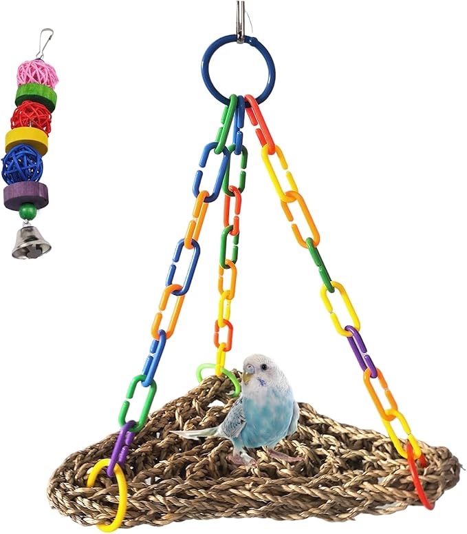 Bird Seagrass Mat Conure Hammock,Parrot Swing Toys Small Triangle Seagrass Woven Birds Net Climbing Chewing Bird Cage Accessories for Parrot Budgies Lovebird Canary Cockatiel Finch Cockatoos