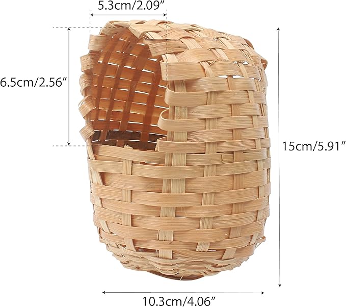 Finch Nest for Cages, Large Natural Bird Houses, Bamboo Hand Made Nests Hideout Cage with Metal Hook, Small Hut Toy House Shelter, Eco-Friendly Hanging Hand-Woven Box for Outdoor Accessories (1Pc)