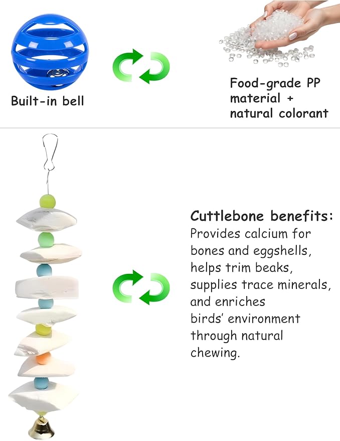 11 Pcs Bird Toys for Parakeets - Natural Cuttlefish Bone Calcium Chew Toys with Bells for Budgies, Lovebirds & Small Birds