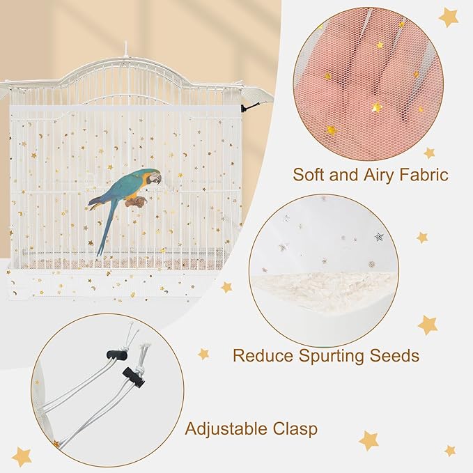 Bird Cage Cover, 60-118'' Large, 31.5'' H Adjustable Nylon Mesh Net, Soft Airy, White, Starry Sky Pattern, Drawstring, Breathable, Hand Wash Only