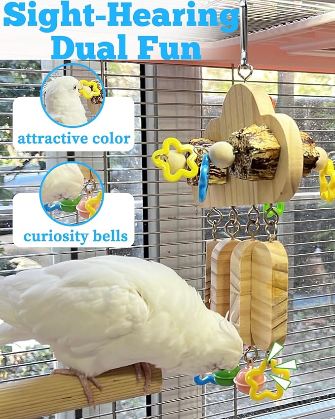 2 Pack All Natural Bird Chew Toys, Sun Conure Beak Grinding Toys, Parakeet Toys with Bells for Cage Small Medium Bird, Chewing Parrot Toys for Quaker, Budige and Cockatiel