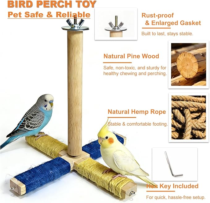360° Rotating Bird Perch Stand - 4 Perches + 5 Colorful Chew Strand, Natural Bird Cage Accessories, for Small & Medium Birds Parakeets Cockatiels Lovebirds Budgies