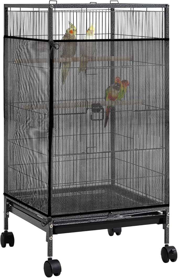 Trinkrittey Large Bird Cage Seed Catcher 31 x 118 inches Adjustable Bird Cage Net Cover Black Bird Cage Cover Elastic Band Mesh Cage Cover Skirt Nylon Mesh for Parakeet Parrot Cages