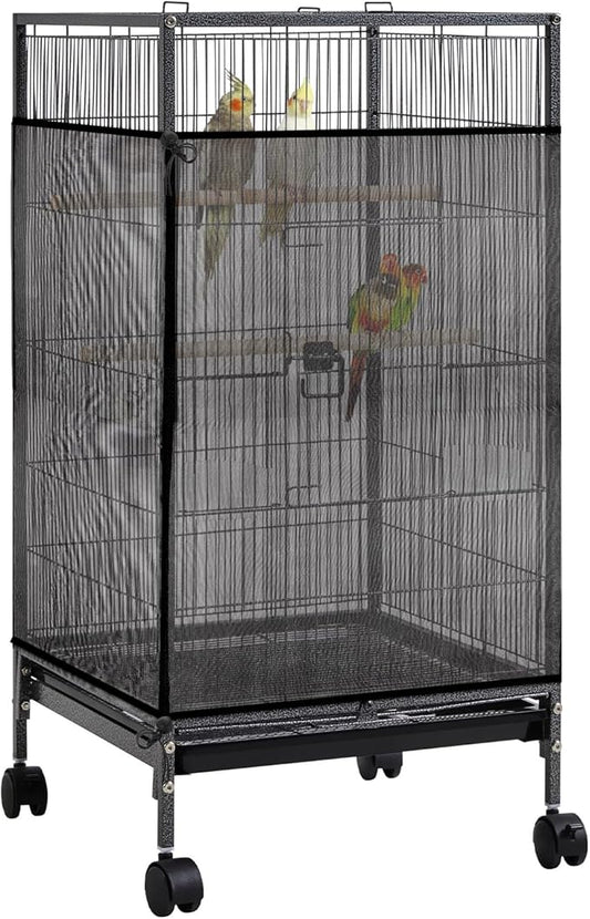 Trinkrittey Large Bird Cage Seed Catcher 31 x 118 inches Adjustable Bird Cage Net Cover Black Bird Cage Cover Elastic Band Mesh Cage Cover Skirt Nylon Mesh for Parakeet Parrot Cages