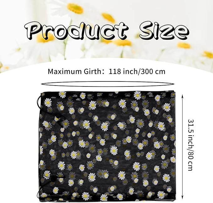 Daoeny Bird Cage Seed Catcher, Large Bird Cage Cover, Adjustable Soft Airy Nylon Mesh Net, Birdcage Cover Skirt Seed Guard for Parrot Parakeet Macaw African Round Square Cages (Black, Daisy Design)