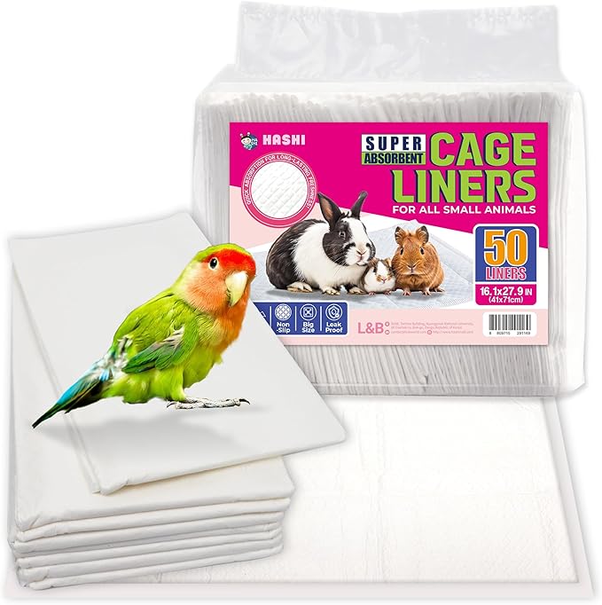 HA SHI Absorbent Bird Cage Liner - 27.9 x 16.1 Inches, 50 Pads, Disposable, Durable 5-Layer, Leak-Proof, Quick-Drying, Odor-Free for Parrots, Parakeets, Budgies, Canaries, Cockatoos