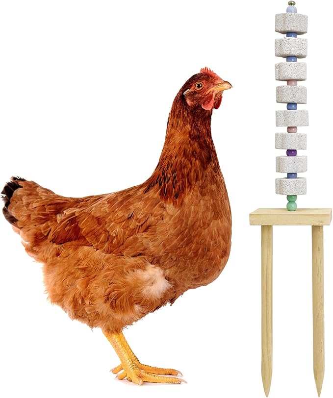 Hamiledyi Chicken Chewing Toy Chicken Coop Accessories with Calcium Stone & Wood Stake Enrichment Toys for Hens, Ducks, Geese, Cockatiel, Parakeet, Parrot, Budgie