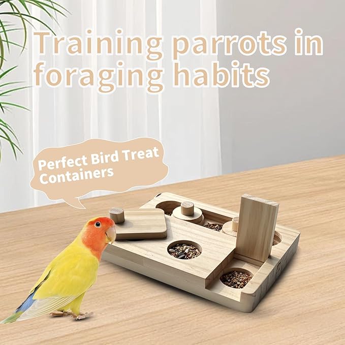 FlidRunest Wooden Bird Foraging Puzzle Toys for Parrots, Parakeet, Cockatiel, Sun Conures - Birds Interactive Mental Enrichment Toy, B ird Seed Slow Feeder Toy for Cage
