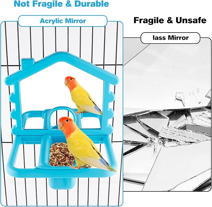 3 in 1 Bird Mirror with Perch Stand,Parrot Mirror for Cage,Bird Swing Toys for Cockatiels,Lovebirds,Conures,Parakeets-Helps Birds Release Stress (Blue)
