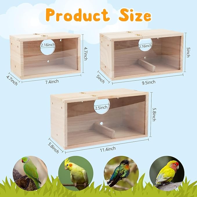 Natural Wood Nesting Box for Parakeet Birds Transparent Design Breeding Box with Perch Wood Bird Cage House for Cockatiel Lovebirds Budgie Finch Parrotlets Canary (Medium)