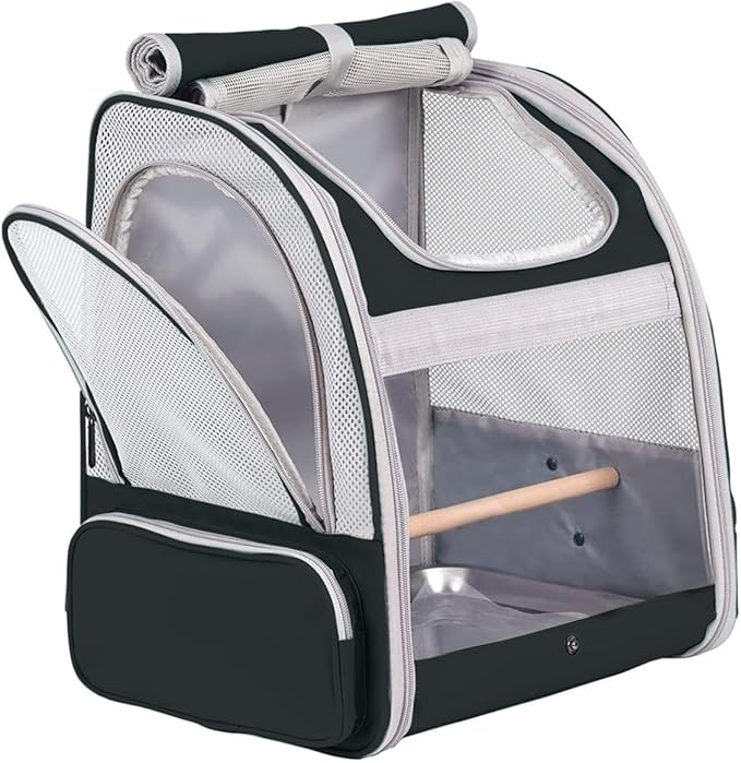 Bird Backpack Carrier with Stand Perch, Bird Travel Backpack for Hiking, Airline Approved Black Bird Backpack