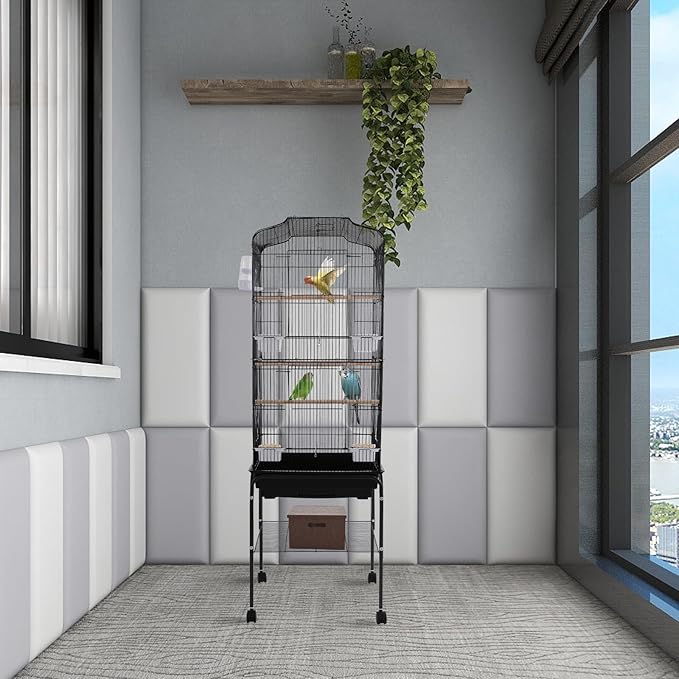 54 inch Metal Bird Cage,Large Parakeet Cages for Parrot,Cockatiel, Lovebird,Birdcage with Wheels,Roof Top,Storage Shelf (Black)