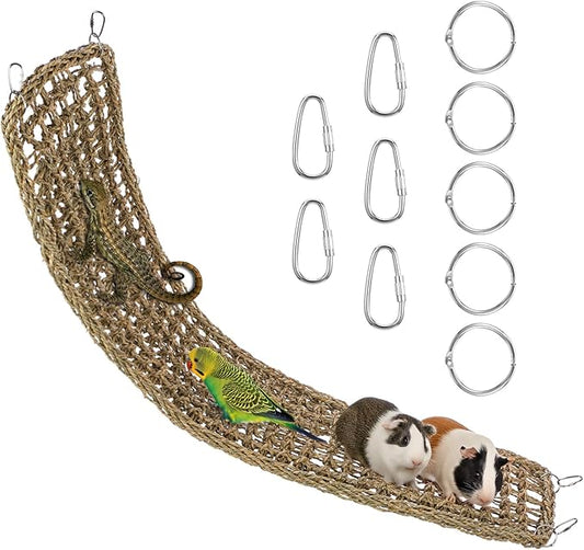 39.34 x 7.08 Inch Large Seagrass Mat for Birds with 5 Hooks, Bird Cage Accessories, Natural Grass Woven Bird Net Hammock Mat, Climbing Rope Ladder Chew Toys