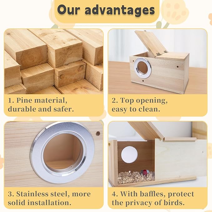 PINVNBY Parakeet Nesting Box, Detachable Board Acrylic Bird House for Cage with Coconut Fiber, Natural Wood Breeding Box for Cockatiel Budgie Lovebirds Conure Finch Parrot (M: 9.8 * 5.3 * 5.3 inch)