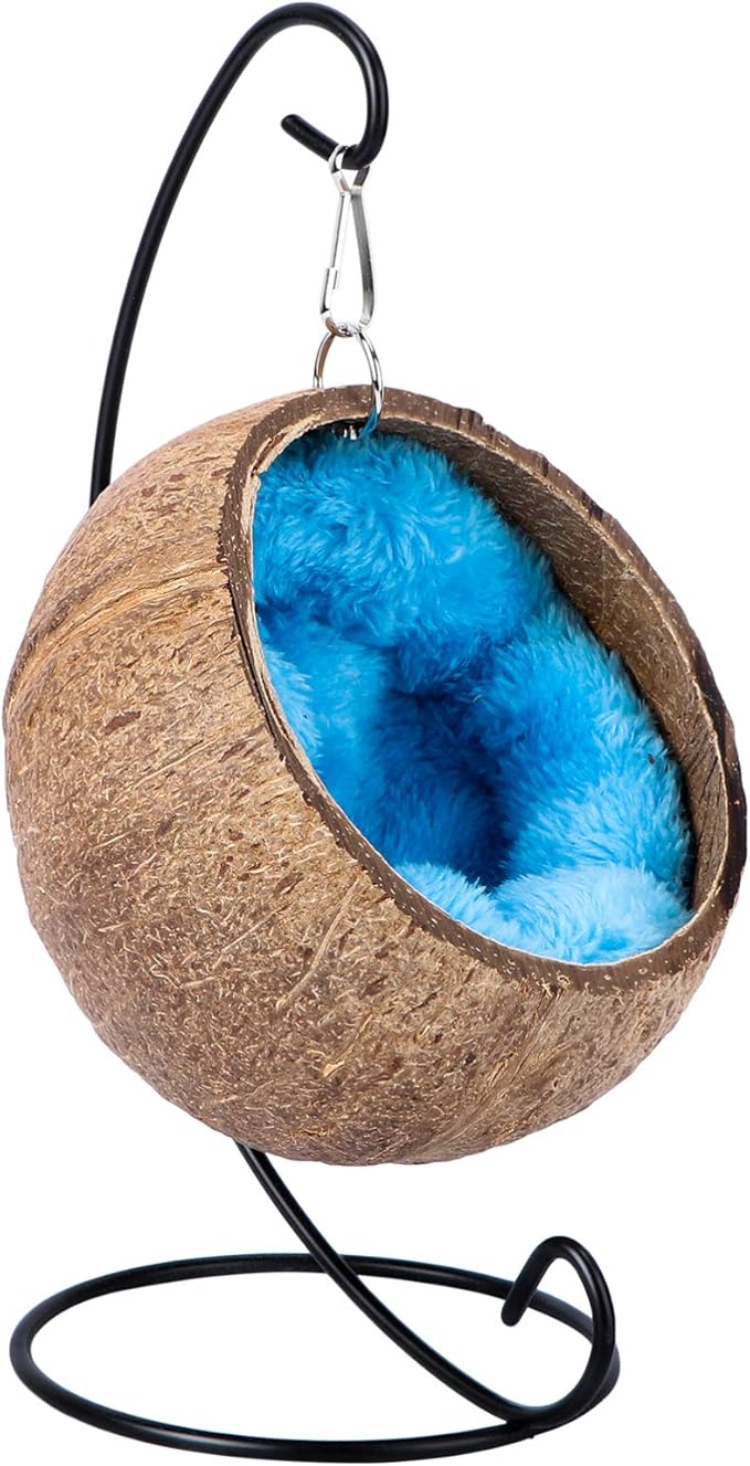 TEHAUX Natural Coconut Shell Bird Nest House Bed with Warm Pad for Parrot Parakeet Hamster Rat Mice Chinchilla Cage Toy Nesting Box