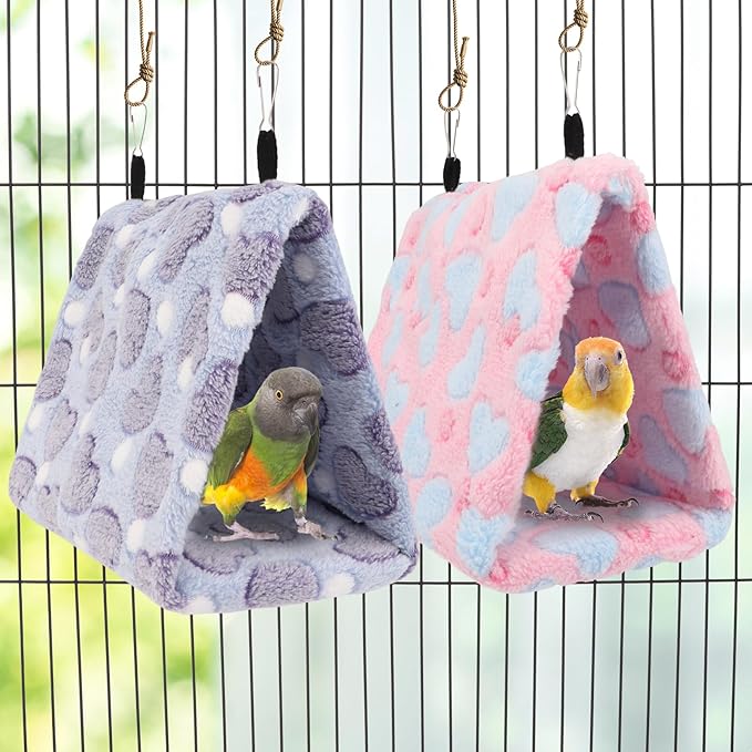 2PCS Bird Bed for Cage, Warm Cozy Hanging Bird Hammock Hut Tent for Parrot, Finch, Budgies, Parakeets, Cockatiels, Soft Plush Hideaway Bird Hut Beds (Pink+Purple)