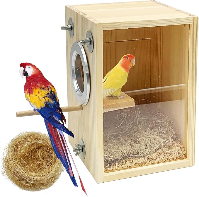 BNOSDM Parakeet Nesting Box Transparent Bird Breeding Nest Boxes Natural Wood Bird Cage House with Coconut Fiber for Small Conure Lovebirds Finch Parrot Canary