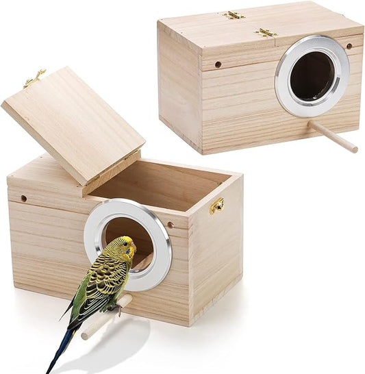 Hiceeden 2 Pack Parakeet Nest Box, Natural Wood Bird Nesting Box, Small Bird House Breeding Box for Budgie Lovebirds, Cockatiel, Parrots Mating, Aviary, 7.7×4.7×4.7 Inches