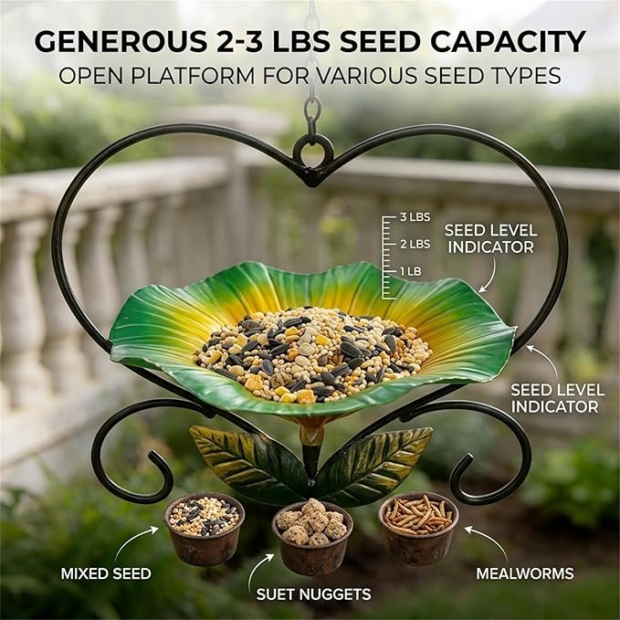 Heart-Shaped Wrought Iron Flower Bird Feeder, Signals Heart Shaped Bird Feeder Stake-Outdoor Garden Patio Decoration for Cardinals, Finches, Parrots & Wild Birds, for Patio Watching (Green)