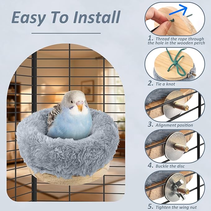 DBNESS Small Bird Nest for Cage, Removable Plush Parrot Hammock Warm Resting Perch Platform for Budgies Cockatiel Conure Parakeet Hamster Washable Breeding Sleeping Lay Eggs Nesting (Grey, S)