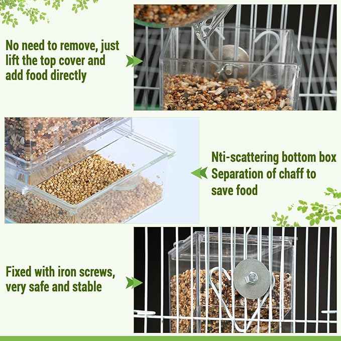 No Mess Bird Feeder Water Dispenser Set, Automatic Bird Feeder for Cage, Parakeet Cage Accessories, Parrot Cockatiel Seed Food Container Drinker for Squirrel Finch Lovebirds Budgies Canary