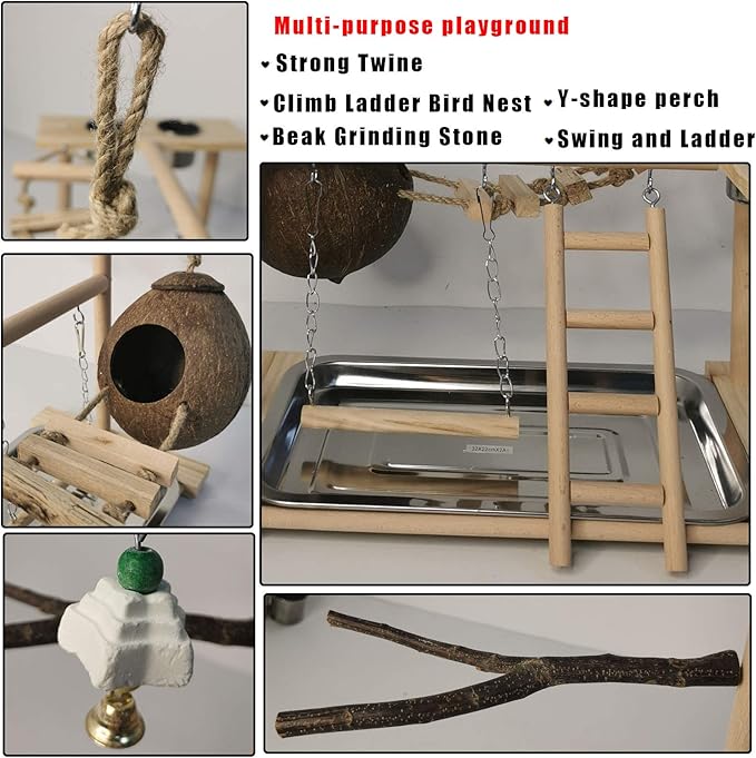 Parakeet Playground Bird Play Stand Natural Wood Perch Gym Parrots Nest Climb Swing Ladders with Feeder Cups Lovebirds Cage Accessories Toy Exercise Activity for Conure Cockatiel Lovebirds