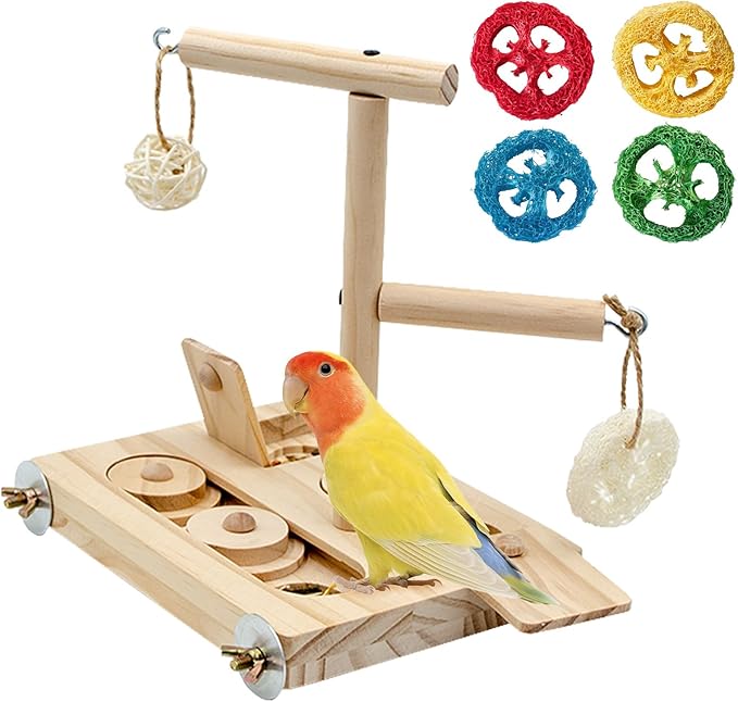 Interactive Wooden Bird Foraging Toy – Cage-Mounted Puzzle Feeder with Sliding Locks, Loofah & Vine Ball for Budgies, Cockatiels, Conures & Small Parrots