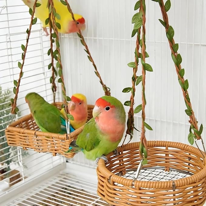 Hanging Rattan Bird Nest for Cage, Bird-Safe Vine Swing Perch with Leaves, Washable Chew-Proof Hammock Nest for Lovebird Cockatiel Budgie Conure, Cage Decoration & Rest Toy for Small Birds (Square)