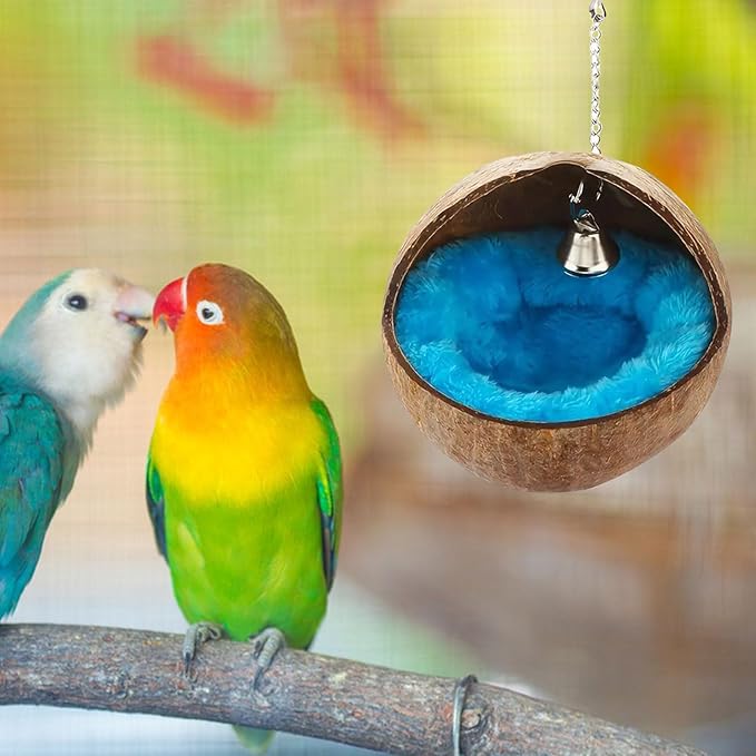 Natural Coconut Shell Bird Nest,1PC Parrot Snuggle Hut Bird Nest House,Hanging Budgie Tent Beds Resting Place for Conure Cockatiel Budgies Lovebird Parakeets Hamster Squirrel Rat Gerbil Mice