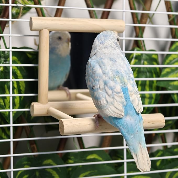2Pcs Bird Mirror Parakeet Mirror Perch Stand Wooden Swing Mirror Toy Cage Accessories for Parrots Budgies Parakeets Cockatiels Lovebirds Finches