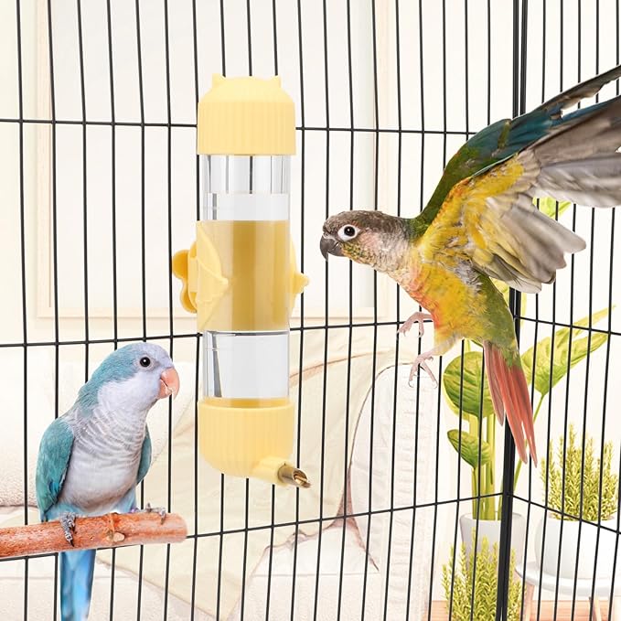 Wontee Bird Water Dispenser Parrot Waterer Automatic Bird Water Feeder for Medium Birds Cockatiel Conure Caique (Yellow (6.8oz))