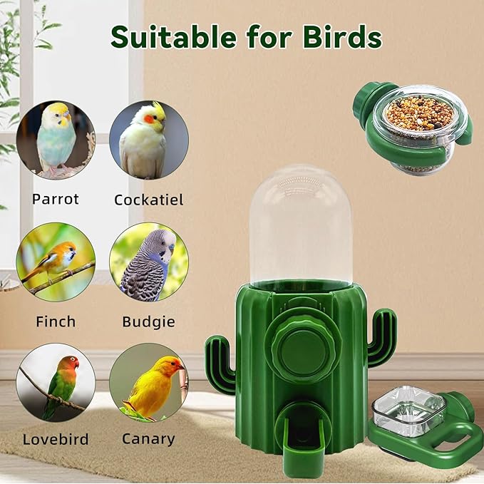 Bird Water Dispenser Automatic Bird Feeder for Cage Set, No Mess Parakeet Feeder for Parrots, Cockatiels, Finches, Budgies (3PCS, Green)